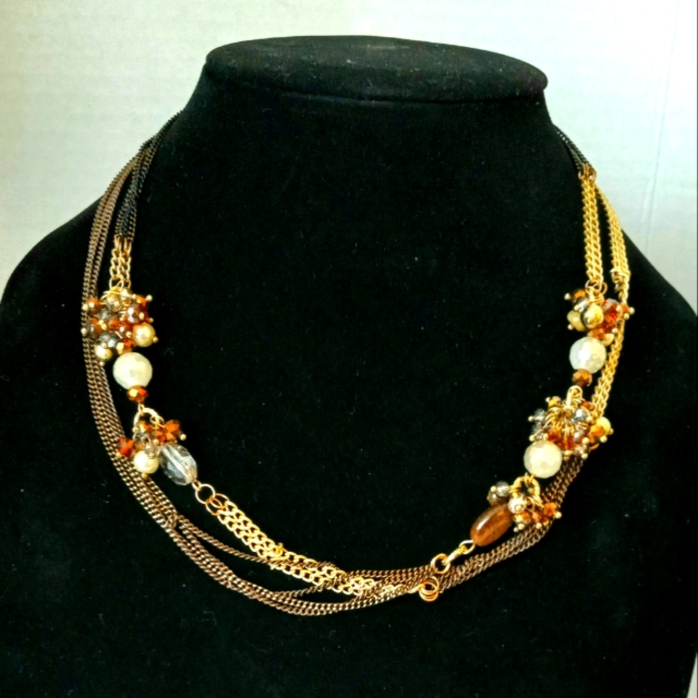 Necklace long chunky multi beaded bronze Multi Strand Boho Beachy Necklace